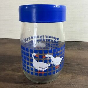Vintage CARLTON GLASS USA 1 Liter Blue Checked Geese Ducks Canister 1982
